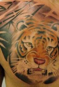 realistic tiger and bamboo forest chest tattoo pattern