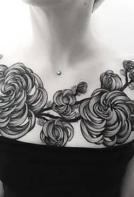 girl chest large black gray chrysanthemum tattoo pattern