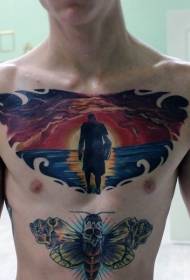 krūtinės paslaptingas vyras ir įvairiaspalvis saulėlydžio tatuiruotės modelis