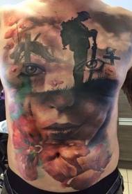 abdominal color commemorative soldier combined with female portrait tattoo pattern