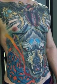krūtinės naujos mokyklos spalvos šuns širdies ir kaukolės tatuiruotės modelis