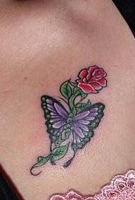 beauty chest red rose and purple butterfly tattoo