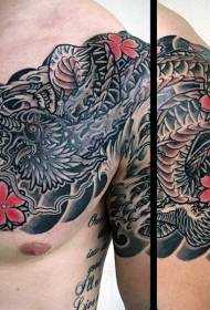 shoulder and chest dragon with red flower tattoo pattern