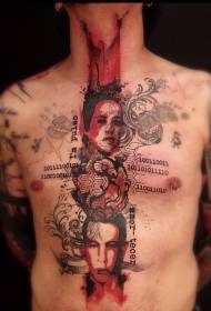 mandlige brystfarve ansigt portræt med bogstav og nummer tatoveringsmønster