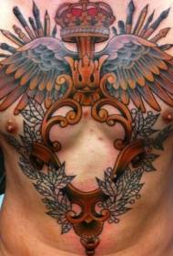 krūtīs krāšņs krāsu rāmis ar spārniem un kroņa tetovējuma rakstu