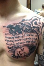 karavīrs krūtīs aizsargā miega bērna tetovējuma modeli
