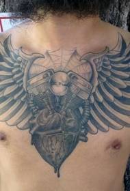 bröst svart askmotor med tatueringsmönster för hjärta och vingar