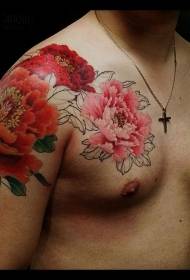 shoulder super realistic red peony tattoo pattern