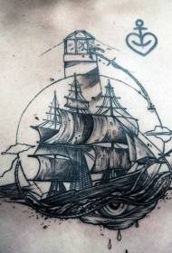 ບຸກຄະລິກຫນ້າເອິກ Sailboat ທີ່ມີຫົວໃຈເຮັດໃຫ້ມີແສງສະຫວ່າງຮູບແບບ tattoo ມໍ