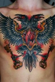 old school chest color two crows and key tattoo pattern
