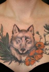 Chest red poppies and wolf head tattoo pattern