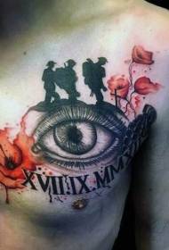 眼睛和花朵的紋身圖案的胸部士兵肖像