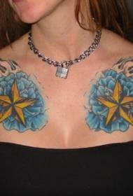 Colored Pentagram And blue flower tattoo pattern