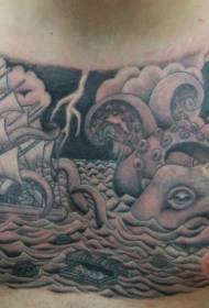 modello del tatuaggio del fulmine della barca a vela del mare e del polipo