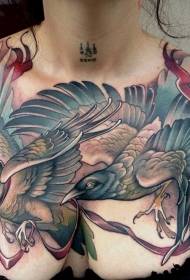pretty colorful flying bird chest tattoo pattern