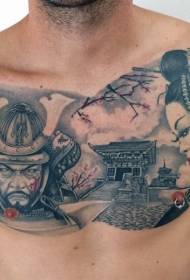 Chest Japanese traditional style color samurai geisha house tattoo pattern