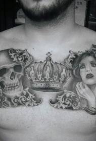 borst zwart grijs vrouw portret en kroon tattoo patroon