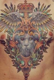 brystet gamle skolen fargede løve blomster og vinger tatovering mønster