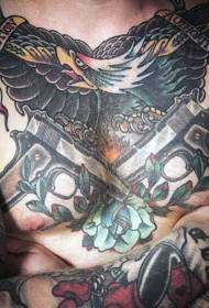 chest old school pistol with eagle and flower tattoo pattern