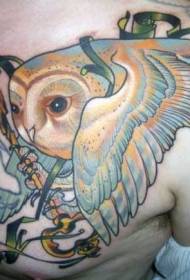 chest very realistic owl and golden key tattoo pattern