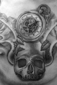 borstschedel met kompas en rose zwart grijs tattoo-patroon