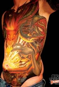 Abdomen Mysterious Color Witch with Demon Monster Tattoo Pattern