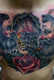 chest old school color smoking sailor flower seascape tattoo pattern
