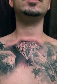 chest wild birds with realistic diamond tattoo pattern