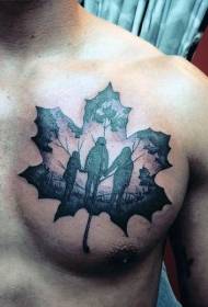 na prsih obarvani javorjevi listi, ki odražajo vzorec družinskega portretnega tetovaža