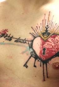 chest color heart-shaped and key tattoo pattern