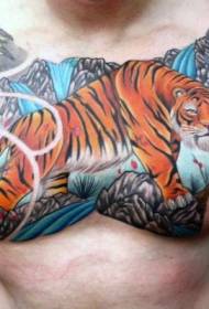 chest colorful good looking tiger tattoo pattern