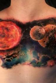 Chest good-looking mysterious colored deep space planet tattoo pattern