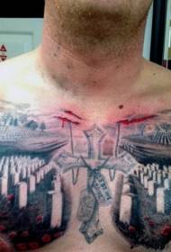 croce di cimitero militare dipinta sul petto e motivo tatuaggio floreale