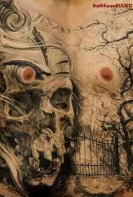 borst realistische stijl schedel en zwarte woud tattoo patroon