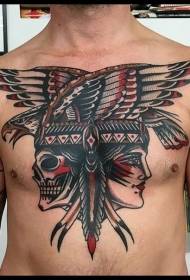 cráneo vella escola, indiano, cráneo e patrón de tatuaxe de aguia