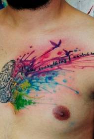 chest colorful splash brain and letter bird Tattoo Pattern