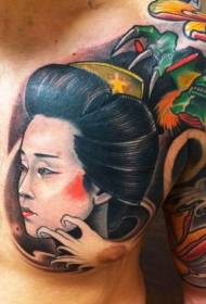 chest Japanese style color geisha portrait tattoo pattern