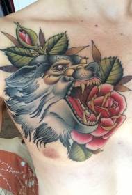 chest traditional wolf head and red rose tattoo pattern