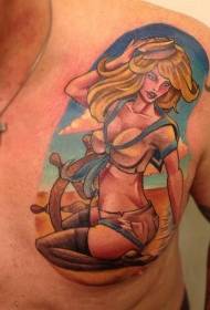 brystet håndmalet munter pige tatovering på stranden
