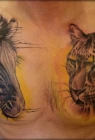 zebra de cor realista de peito e padrão de tatuagem de cabeça de leopardo