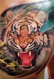 wzór tatuażu w klatce piersiowej tygrysa i roślin