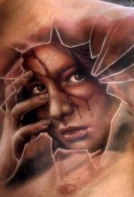胸部彩色女人和破碎的玻璃纹身图案