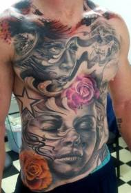 boja grudi i trbuha različiti portreti i cvijeće uzorak tetovaža