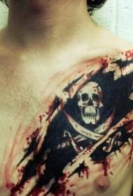 bryst akvarell hud revet tatoveringsmønster med piratskalle