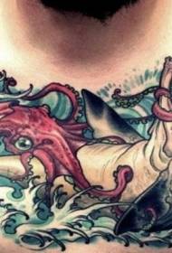 motif de tatouage baleine et calmar rouge
