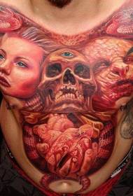 bularreko garezurra eta deabrua emakumearen erretratua bihotzeko tatuaje ereduarekin