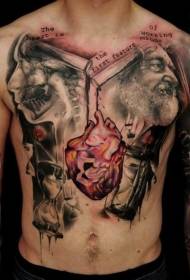 bryst svartgrå karakterportrett og rødt realistisk hjerte tatoveringsmønster