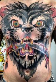 abdomen old school colored creepy dog and bloody sword tattoo pattern