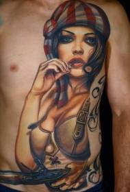 chest abdomen sexy pirate girl with gun tattoo pattern