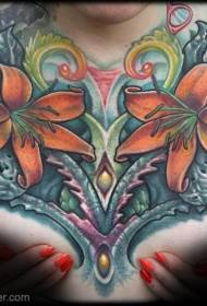胸の自然な色の様々な花のタトゥーパターン